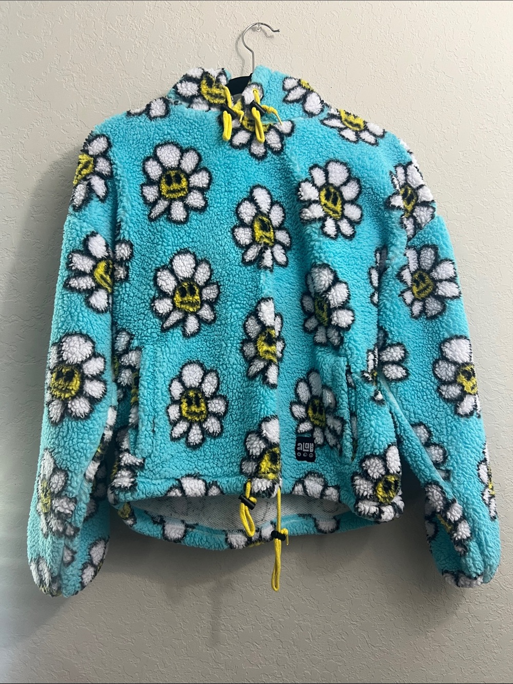 Aqua Daisy Sherpa Hoodie with Yellow Centers